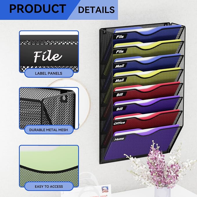 8 Pockets Hanging Wall File Organizer Mail Holder, Wall Mounted Paper Document Folder Holder, Clipboard Storage Organization Magazine Rack, Black