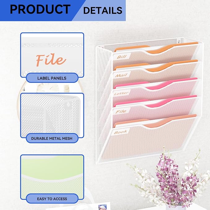 5 Pockets Hanging Wall File Organizer Mail Holder, Wall Mounted Paper Document Folder Holder, Clipboard Storage Organization Magazine Rack, White