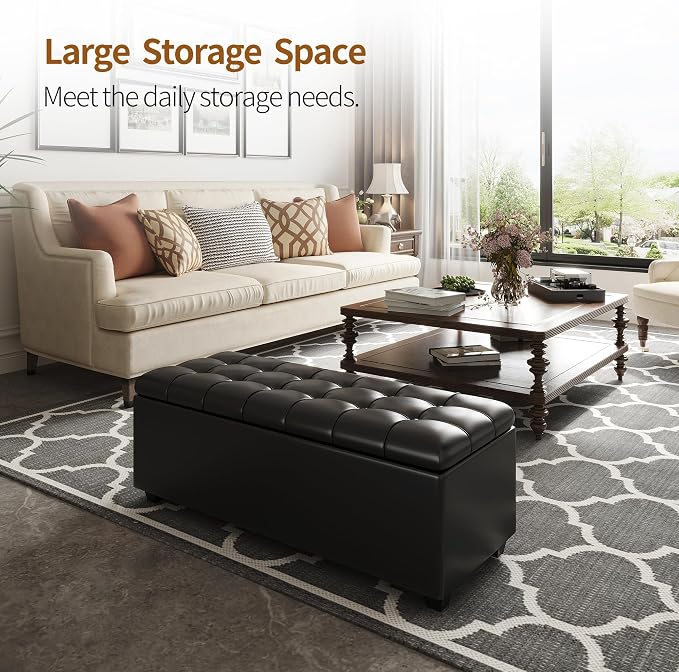 38" Black Faux Leather Storage Ottoman Footrest | Solid wood frame bench, 4-leg easy assembly. Use as end-of-bed, footrest, entryway seat. Hinged hidden storage, multi-use.