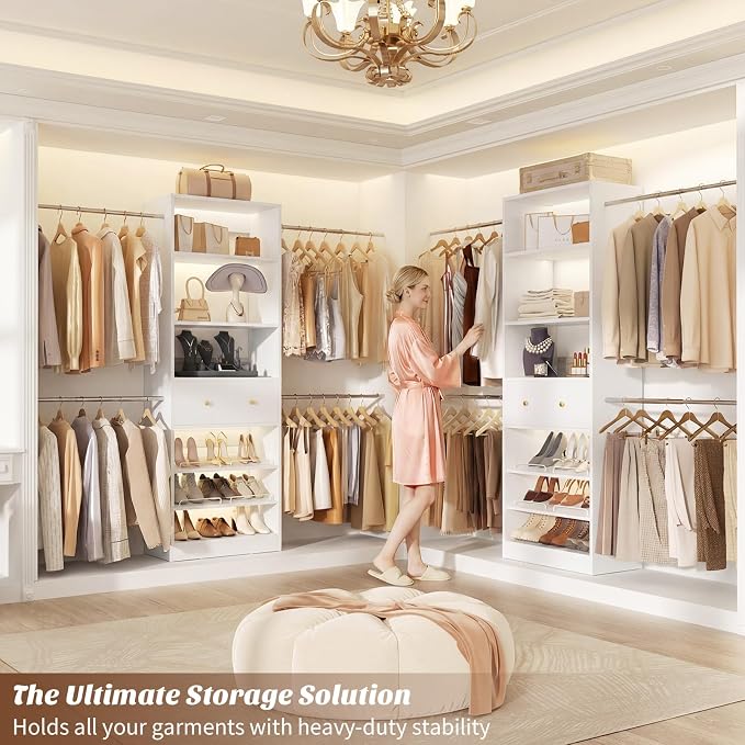 Wood Closet Organizer System - 4FT-9FT Expandable Wardrobe Closet with Drawer & 4 Hanging Rods, Heavy Duty Walk-in Closet 1000Lbs for Bedroom Walk-in Closet, White