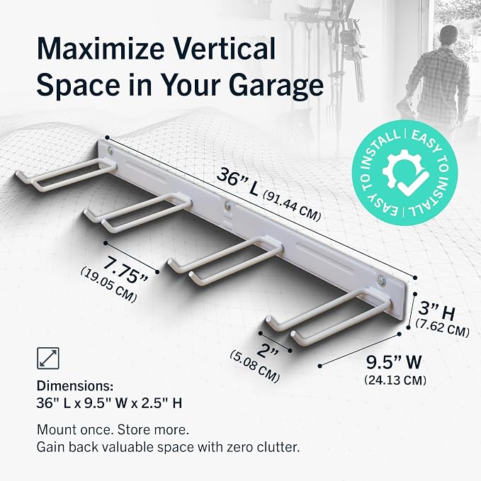 StoreYourBoard Garage Tool Organizer, 36 in, Holds 250 lb | Garden Tool Rack Wall Mount, Garden Tool Organizer, Shovel Wall Mount, Rubber Coated Hooks