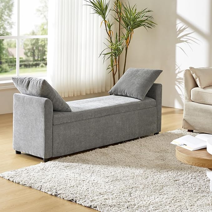 HULALA HOME 59" Storage Bench with 2 Throw Pillows & Armrests, Grey | Modern Long Bedroom Bench for End of Bed, Comfy Upholstered Fabric Footstool for Entryway Living Room