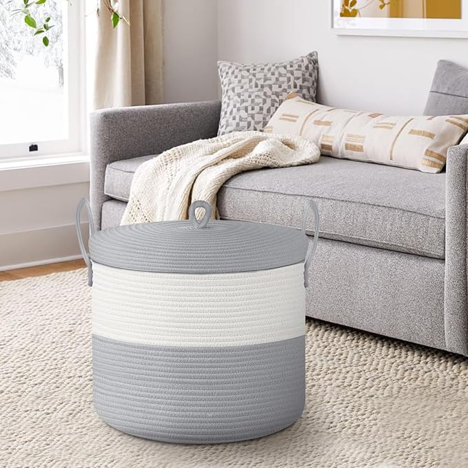 18" X 14" Large Wicker Basket with Lid, Blanket Basket Living Room, Woven Cotton Rope Storage Bin, Kids Dog Toy Storage Bin Box, Tall Laundry Hamper, Blankets Pillows Organizer Holder