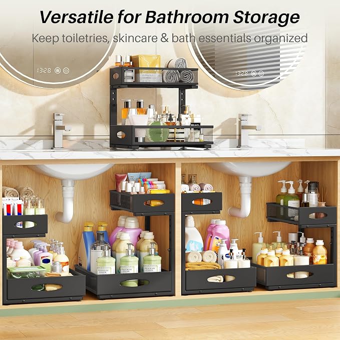 Under Sink Organizer, 2-Pack Pull Out Cabinet Organizer 2 Tier Metal Slide Out Storage Shelf Rack, L-Shaped Adjustable Height,Mesh Sliding Drawer for Kitchen, Bathroom, Laundry, Pantry, Black, XL