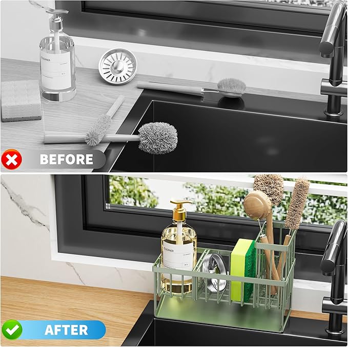 Cisily Kitchen Sink Caddy, Sponge Holder for Kitchen Sink, Kitchen Sink Organzier and Storage with High Brush Holder, 304 Stainless Gadgets Sink Accessories, Organizadores de Cocina Sage Green