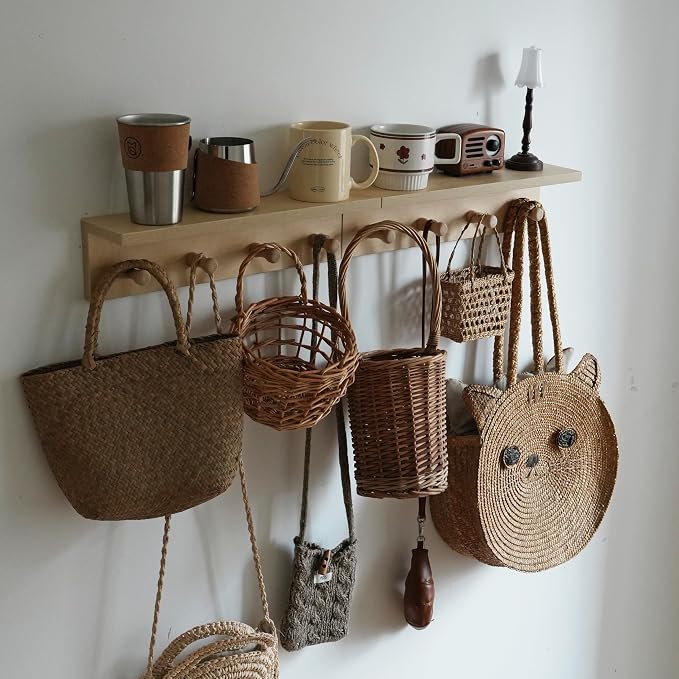 Entrance Coat Rack ，Coat Hooks, Wall-Mounted Wooden Hook Rack, Wall-Mounted Shelves(Birch Color Finish—A-1)