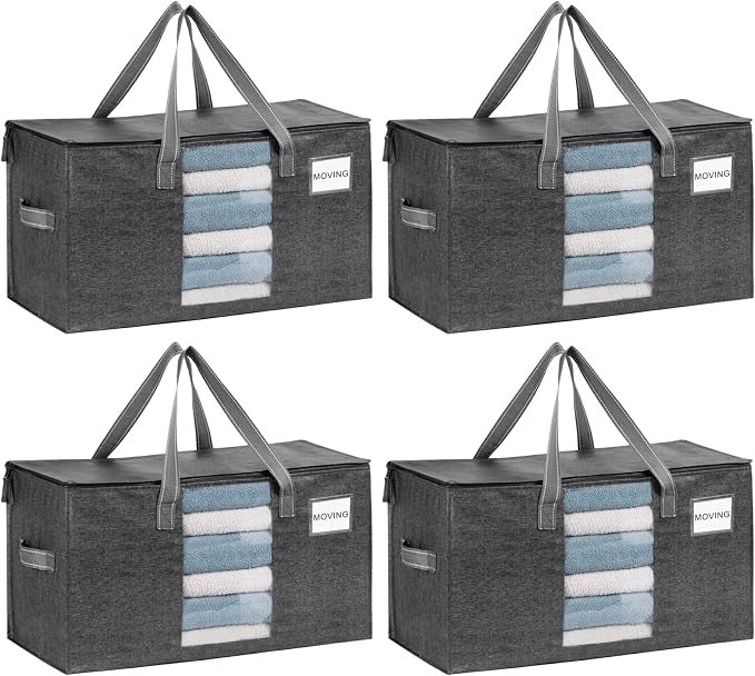 VENO Moving Bags, Wide Open Top, Clear Window, Gray, 4 Pack | Moving boxes Alternative, Heavy Duty, Storage Bags, Clothes and Comforter Storage, Packing Supplies, College Dorm Essentials