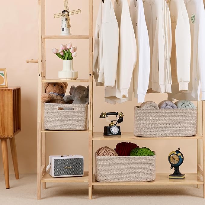 MiniArk Large Storage Baskets for Shelves, 17 x 13 x 7.5” Closet Organizers Bins for Clothes Blanket Towels, Baby Nursery, Toy Baskets Box, Woven Rope Baskets, 2 Packs Mixed Brown