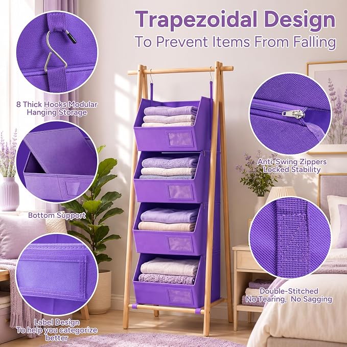 2 Pack 4-Tier Hanging Closet Organizer, Detachable Hanging Storage Shelves with Reinforced Side Panels, Hanging Closet Organizer for Clothes, Sweaters, Towels, Socks & Accessories, Purple