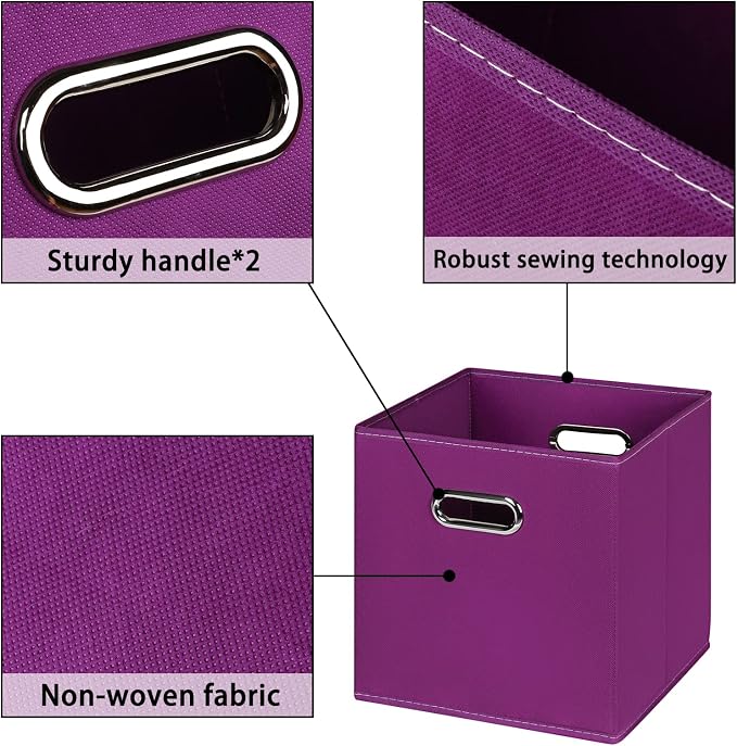 Fabric storage bins Cubes, Fabric Cube Organizer with Handle, Foldable Cube Bins for Cloth or Accessary Storage, 11x11x11, Set of 6, (Purple)