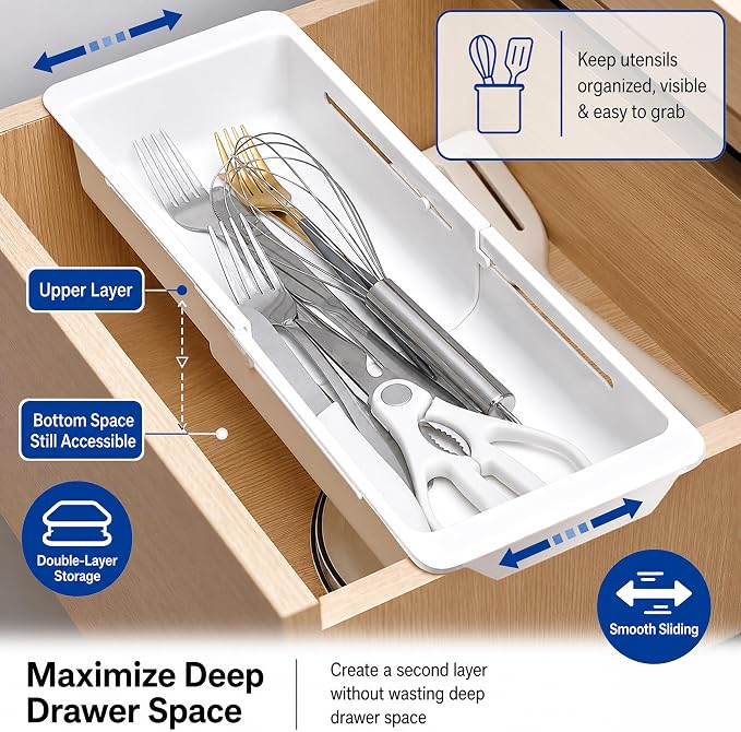 2-Pack Expandable Drawer Organizer for Deep Drawers, Adjustable 17–27 in Storage Tray, Durable PP Smooth Glide Divider for Kitchen, Vanity & Office, Space-Saving Design