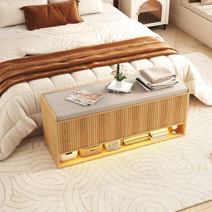 HOMEFORT 47.2" Fluted Shoe Storage Bench, Entryway Bench with Linen Seat Cushion, Shoe Cabinet Bench with Adjustable Shelf and Built-in LED Sensor Light, Bench for Bedroom End of Bed, Natural Oak