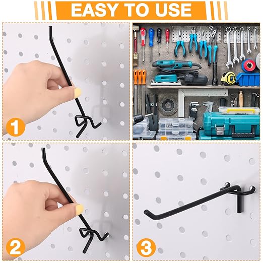 200 Pcs Peg Board Shelving Hooks Stainless Steel Hanging Board Pegs Wall Display Hooks Bulk for 1/8 1/4 Garage Storage Organizer Accessories (6 Inch,Black)