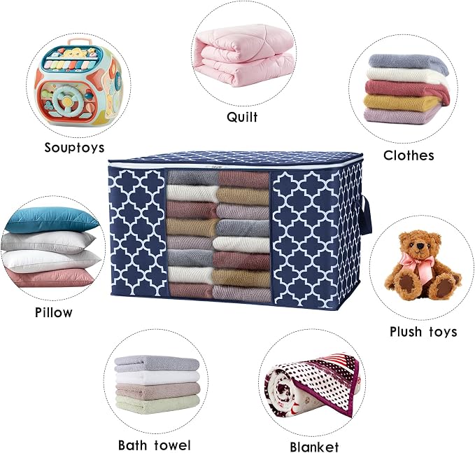 WISELIFE Storage Bags, Large Blanket Clothes Organization and Storage Containers for Bedding, Comforters, Foldable Organizer with Reinforced Handle, Clear Window,Sturdy Zippers,(Blue, 8 x 100L)