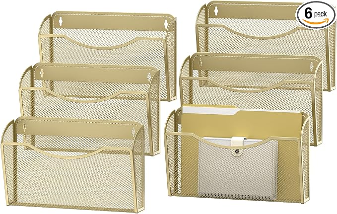 MINDEPOT Wall File Organizer, Hanging Wall File Holder, 6 Pack, Gold | Heavy Duty Iron, Metal Mesh Wall Mount, Single Pocket, Mail Organizer, for Office School Classroom Home, Letter A4 Size