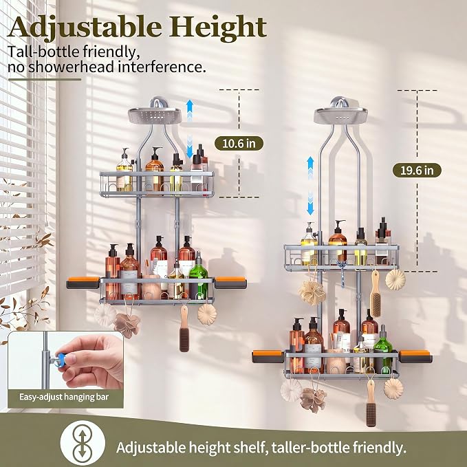 Skyapex Shower Caddy Hanging: Adjustable Height Organizer for Over Showerhead - Rustproof Shower Shelves with Hooks & 2 Soap Holders