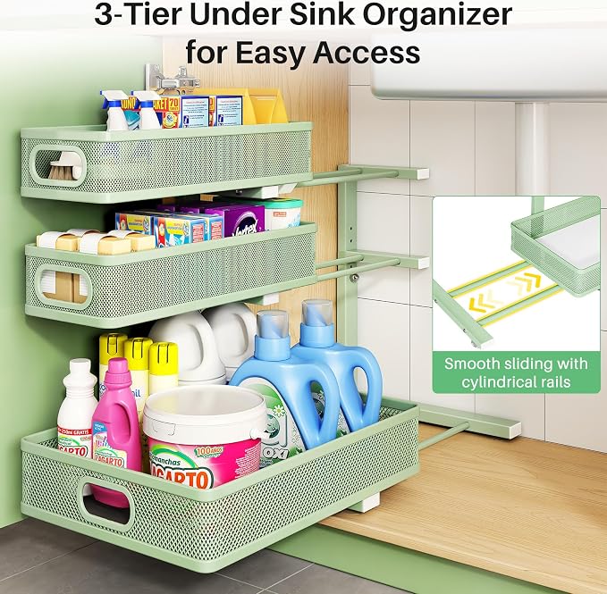 Kitstorack Under Sink Organizer, 1-Pack 3-Tier Height Adjustable Thickened Metal Pull out Cabinet Organizer Shelf, Slide out Storage Drawer Rack for Bathroom Kitchen Pantry Home Organization, Green