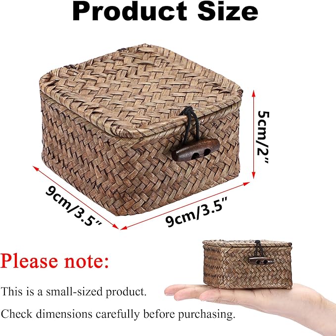 Hipiwe Mini Seagrass Basket Box Wicker Shelf Baskets with Lid, 3.5"x3.5"x2" | Small Handwoven Decorative Box, Natural Storage Basket for Organizing Key Candy, Home Decor