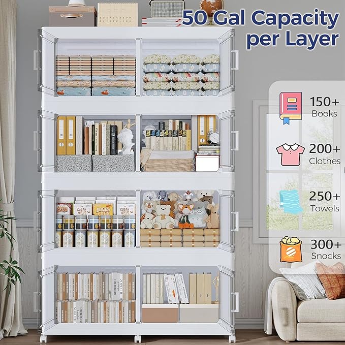 200GAL Extra Large Storage Bins with Lid, 800Qt Stackable Closet Organizers and Drawers, Collapsible Storage Bins with Wheels, Folding Containers for Home, Kitchen Office, 4Pack White