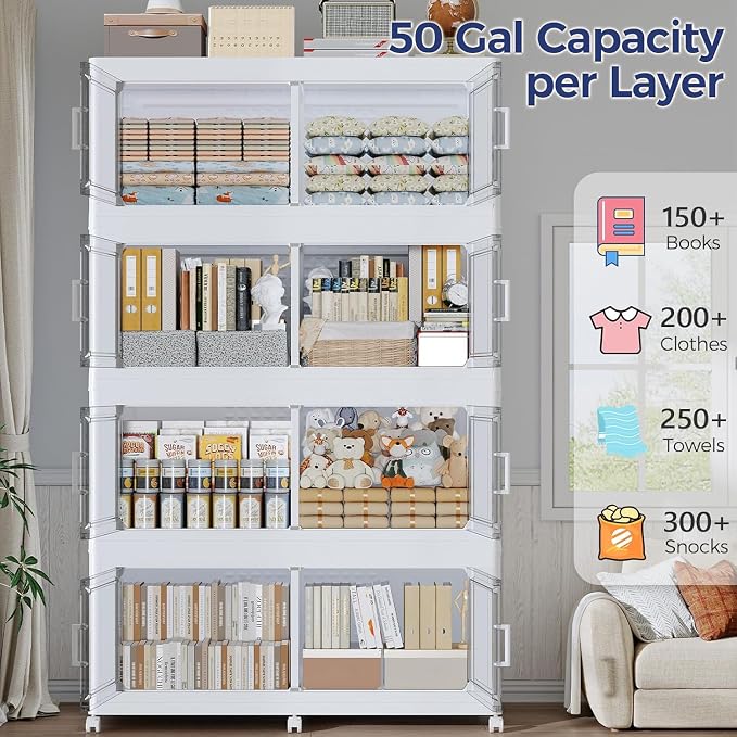 250GAL Extra Large Storage Bins with Lid, 1000Qt Stackable Closet Organizers and Drawers, Collapsible Storage Bins with Wheels, Folding Containers for Home, Kitchen Office, 5Pack White