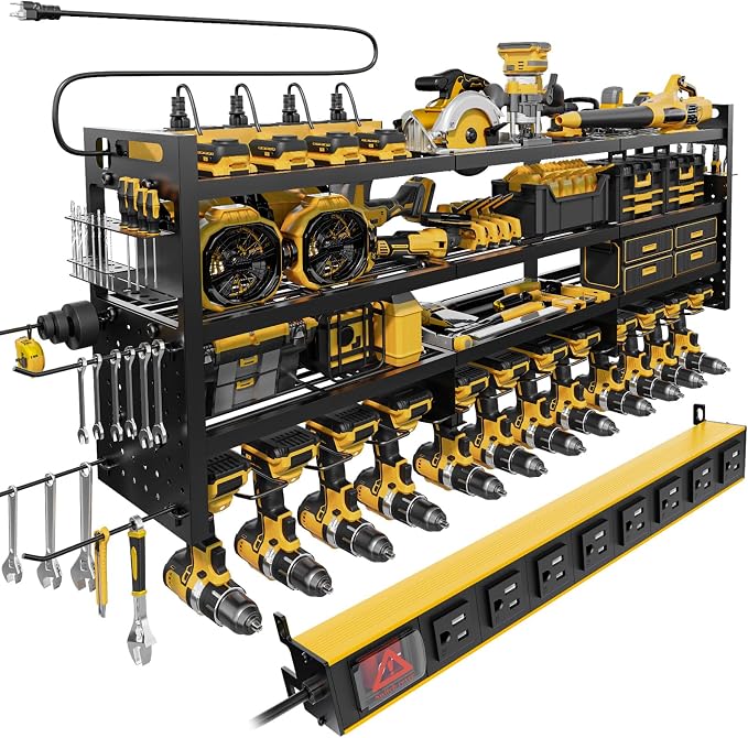 Power Tool Organizer Wall Mount | 8-Outlet TR Charging Station | Garage Storage Rack with Cordless Drill Holder | Heavy Duty Metal Shelf for Workshop Organization