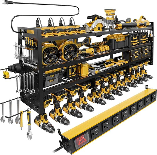 Power Tool Organizer Wall Mount | 8-Outlet TR Charging Station | Garage Storage Rack with Cordless Drill Holder | Heavy Duty Metal Shelf for Workshop Organization