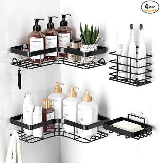 Sakugi Corner Shower Caddy - 4-Pack Shower Organizer with Soap Holder & Toothbrush Holder, Rustproof Metal Shower Shelves, Laundry, Kitchen, Bathroom Organizers and Storage Solution, Large, Black