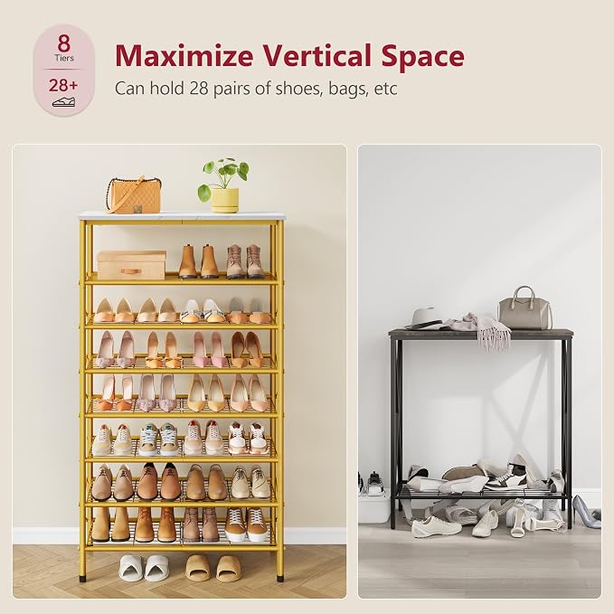 8 Tier Shoe Rack Organizer for 28-32 Pairs of Shoes, White & Gold | Sturdy & Durable, X Shape Fixed Frame, Metal Mesh Shoe Shelf, Industrial, For Closet, For Entryway Shoe Storage