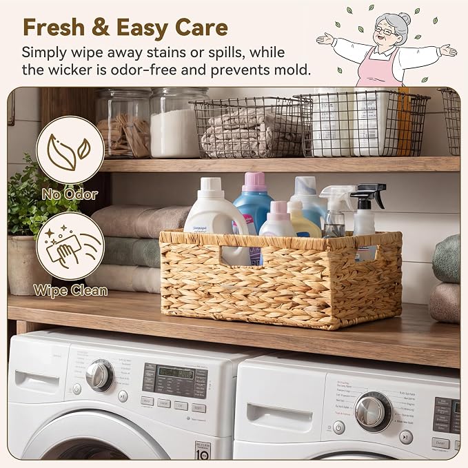 GRANNY SAYS Wicker Basket with Handles, Large Wicker Storage Basket for Shelves, Water Hyacinth Woven Basket, Decorative Basket for Pantry, 1-Pack