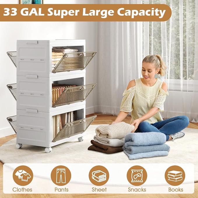 3-Tier Stackable Storage Bins, 33-gal Collapsible Storage Boxes with Lid, 3-Way-to-Open Drawers, Foldable and Stackable Closet Storage Organizer with Wheels for Bedroom, Cloakroom, Dorm