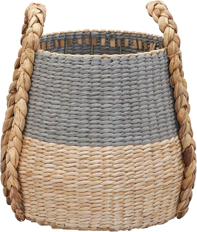 Household Essentials Handwoven Cattail and Paper Rope Terra Basket Decorative Storage Organizer, Natural and Gray Finish