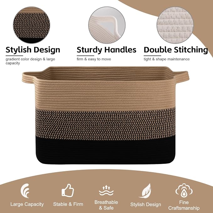 OIAHOMY Extra Large Blanket Basket, 95L Cotton Rope Woven Laundry Basket, Toy Bin for Baby Room, Container for Blanket Storage in Living Room, 24''×17''×14'', Brown & Black