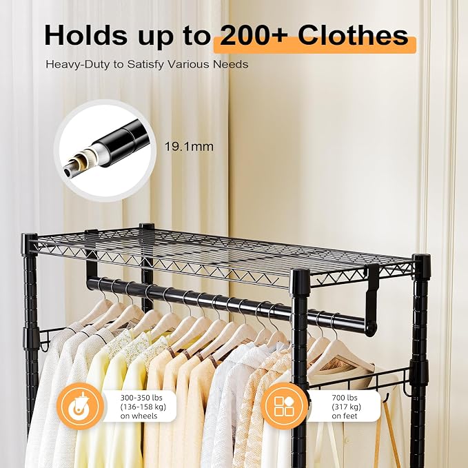 M MZG Heavy Duty Rolling Garment Rack 3 Tiers Adjustable Wire Shelving Clothes Rack with 2 Rods and Side Hooks,Storage Closet Clothing Rack with Wheels Black 15.7" D x 29.5" W x 74.5" H