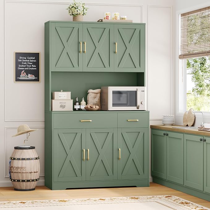 HOSTACK 71"H Kitchen Pantry Storage Cabinet, Farmhouse Hutch Cabinet, Green | Space-Saving Pantry Cabinet with Charging Station & 2 Large Drawers & Adjustable Shelves, Tall Kitchen Hutch for Dining Room