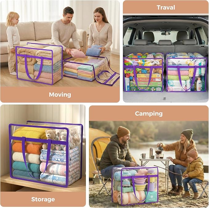 4 Pack Clear Storage Bags for Clothes, 40L Closet Organizers and Storage | Plastic storage with zipper and handle, moving bags, under-bed storage, closet organizer for blankets, comforters, toys