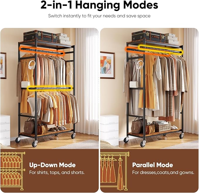HOKEEPER Heavy Duty Rolling Clothes Rack, Metal Closet Organizer with Wood Shelves, Adjustable 70.9"-79.9" H x 39.3" W Freestanding Wardrobe for Bedroom, Max Load 450 LBS