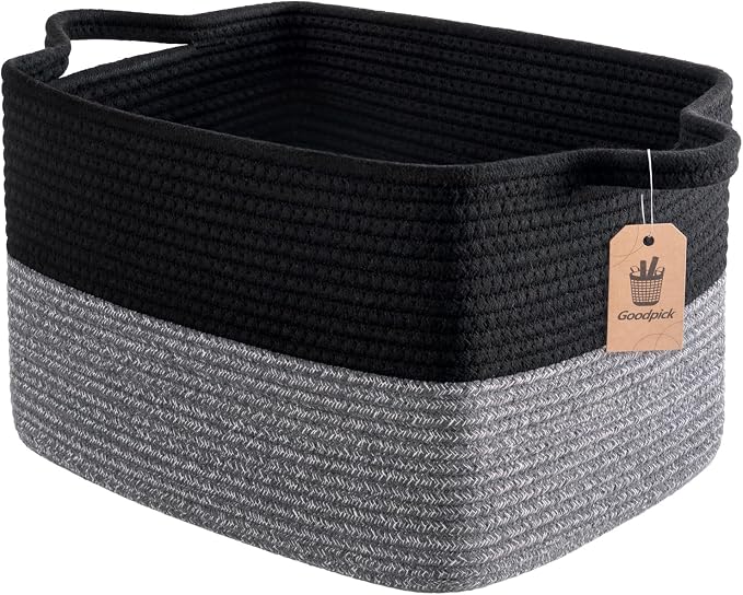 Goodpick Cotton Rope Basket with Handles, 13" x 10" x 9", Black & Gray | Decorative Storage Basket for Toys, Books & Daily Essentials Storage, Closet & Shelf Organization, Rectangle Design