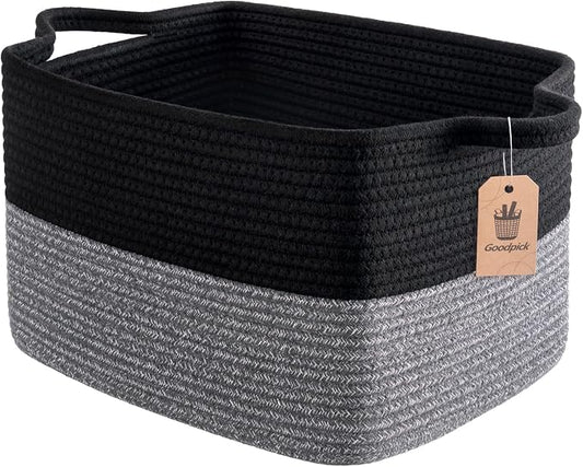 Goodpick Cotton Rope Basket with Handles, 13" x 10" x 9", Black & Gray | Decorative Storage Basket for Toys, Books & Daily Essentials Storage, Closet & Shelf Organization, Rectangle Design