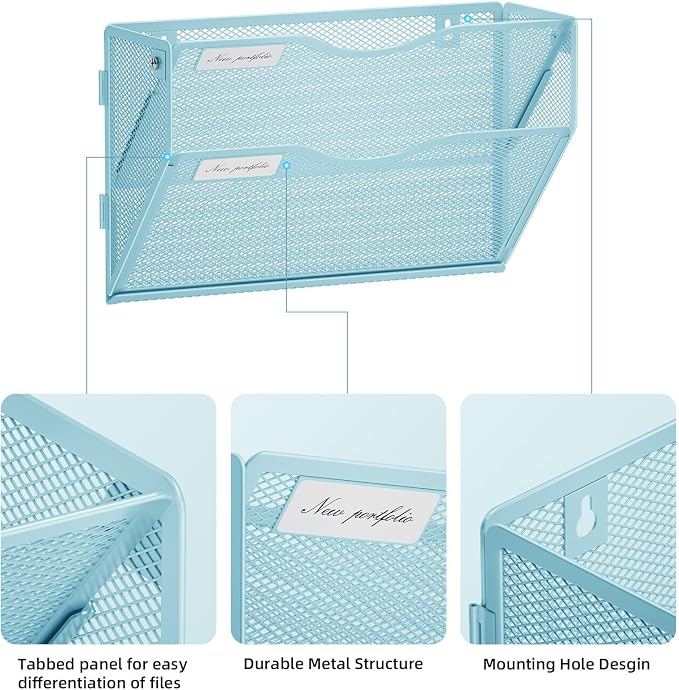 Marbrasse Wall File Holder 2-Tier Hanging Wall File Organizer, Mesh Mail Holder for Papers, Wall Mount File Clipboard & Magazine Organizer Great for Office Home - 2P(Blue)