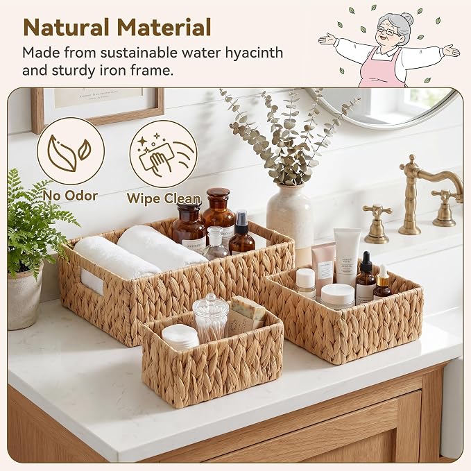 Granny Says Wicker Baskets For Shelves, Large Water Hyacinth Baskets | Small Woven Storage Baskets for Shelf, Rattan Basket For Organizing, Wicker Basket Set, 3-Pack Small Waterproof Baskets