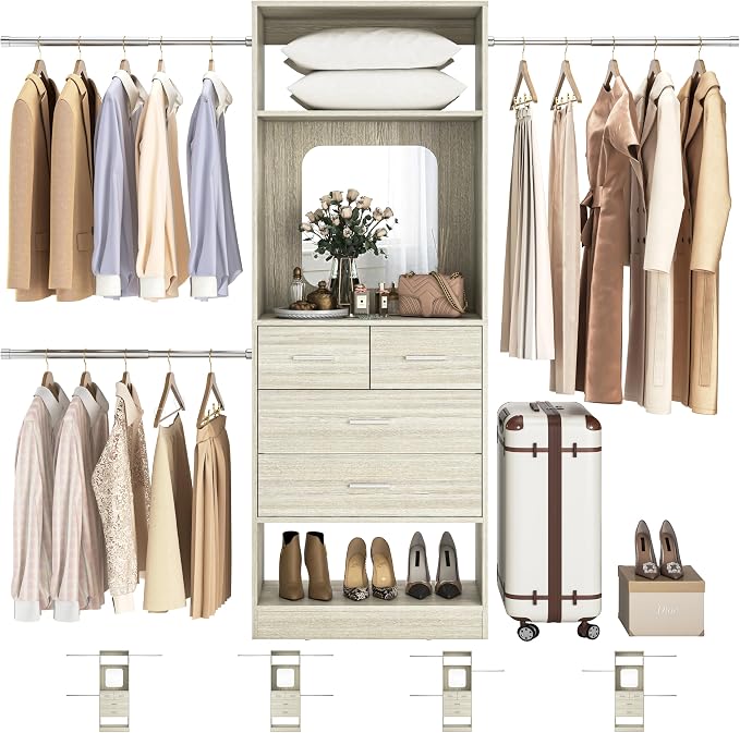 Unikito 8FT Closet System with Mirror and 3 Extendable Hanging Rods | 96 Inch Walk-in Closet Organizer with 25" Tower, 4 Wood Drawers, Customizable and Sturdy Closet Insert, White Oak