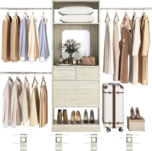 Unikito 8FT Closet System with Mirror and 3 Extendable Hanging Rods | 96 Inch Walk-in Closet Organizer with 25" Tower, 4 Wood Drawers, Customizable and Sturdy Closet Insert, White Oak