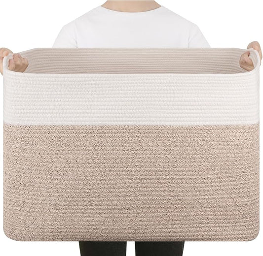 96L XL Large Cotton Rope Basket, Soft Toy Storage Bin for Nursery & Living Room, Decorative Blanket Basket for Bedroom, Baby-Safe Organizer for Pillows &Laundry, 24''×16''×15'', Brown & White