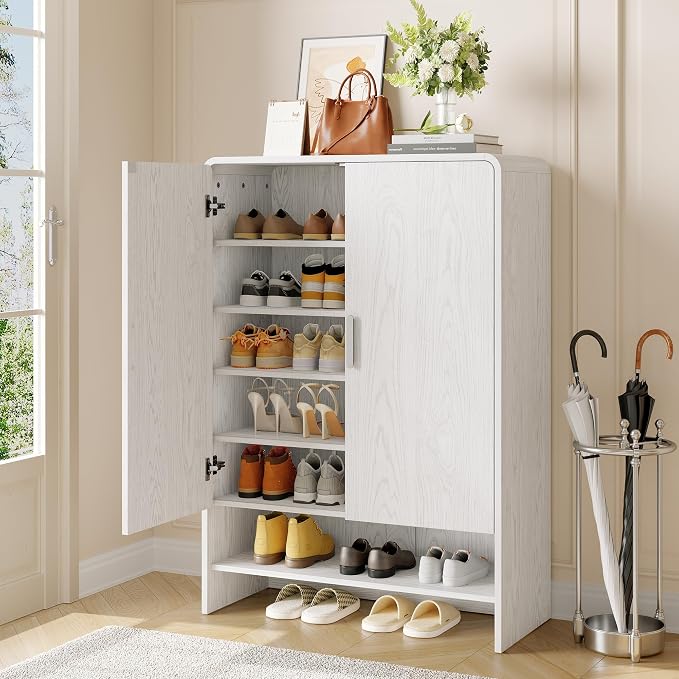 6-Tier Shoe Storage Cabinet, 45'' Large Farmhouse Shoe Cabinet for Entryway, Modern Wooden Shoe Rack Organizer with Doors and Shelves, for Front Door Hallway (White)