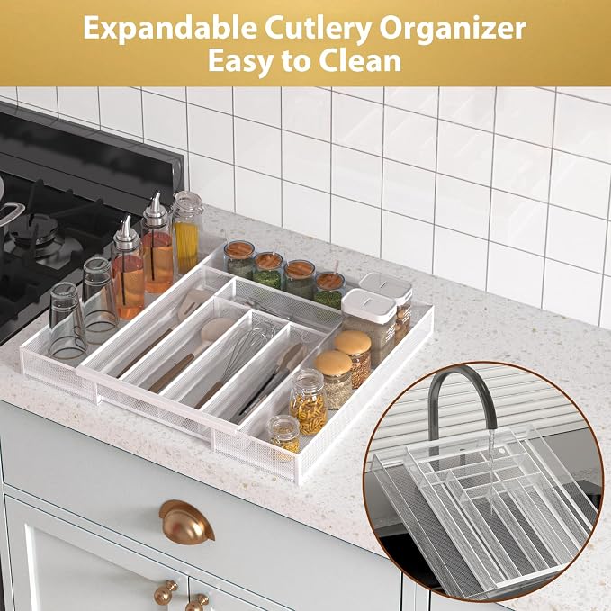 Sedegn Expandable Kitchen Utensil Organizer - 11.6" to 20" Adjustable | Cutlery Tray with 6-8 Compartments - Fits Various Drawer Sizes & Holds Large Ladles Spatulas Forks Spoons & Knives White