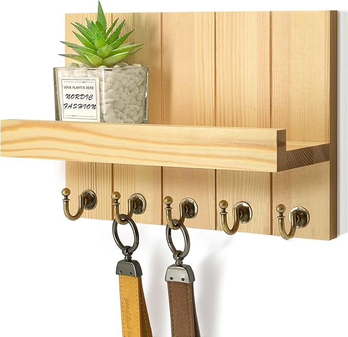 Rebee Vision Key Holder Wall Mount with 5 Hooks for Entryway, Original Wood | 3.54 x 10 x 7.28 Inches, Pine Wood Build, Farmhouse Key Holder for Wall, Mail and Letter Storage, Compact Space-Saving Design