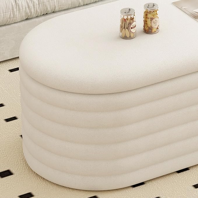 Ball & Cast 40" Oval Ottoman with Storage, Chenille Upholstered Entryway Bench with Safty Hinges for Living Room, End of Bed, No Assembly Required,White