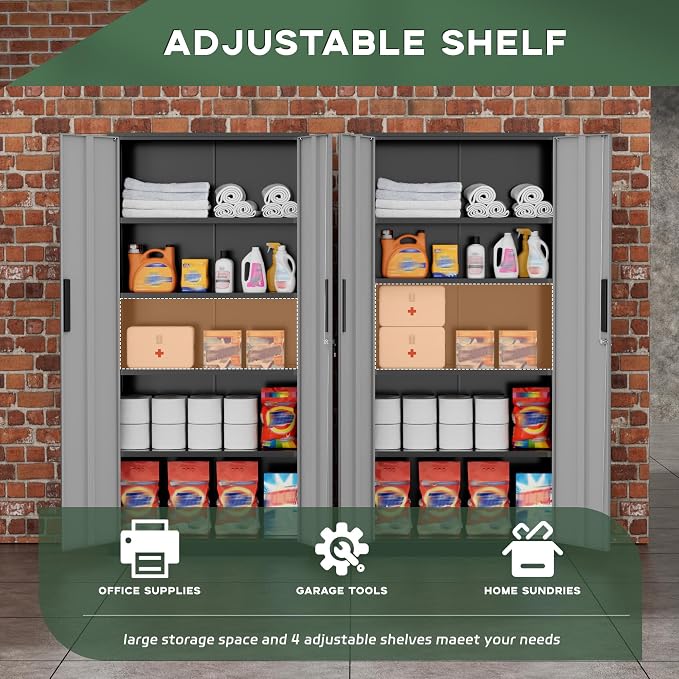 Greenvelly Metal Garage Storage Cabinet, 72" Black Gray Tool Steel Locking Cabinet with Doors and 4 Shelves, Tall Cabinets for Garage Storage Systems Lockable File Cabinet for Home Office,Garage