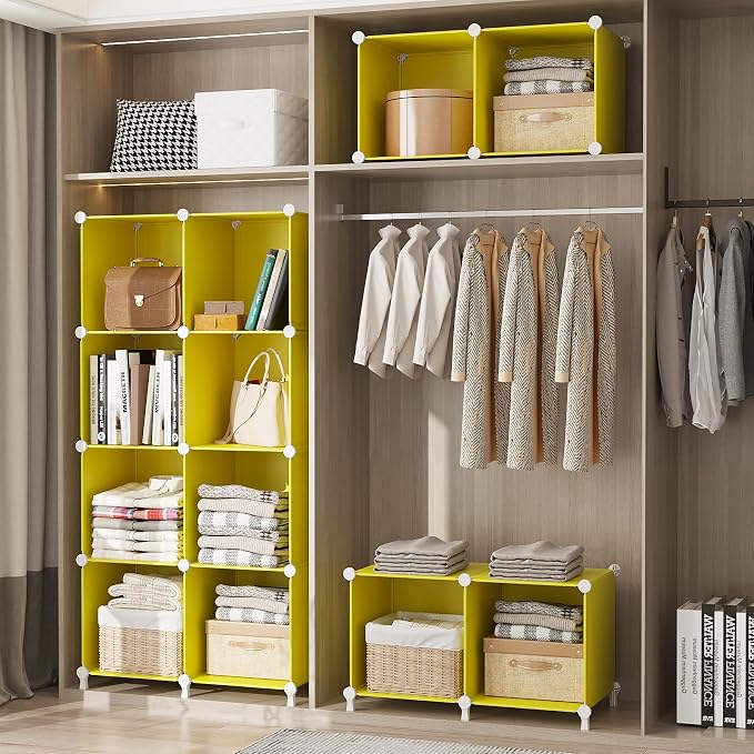 AWTATOS Cube Storage Organizer, 8 Cube Closet Organizers Stackable, Yellow | Portable Closet Storage Cube Shelves, DIY Plastic Bookshelf Clothes Organizer Shelving for Bedroom, Home Office