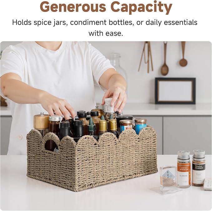 StorageWorks Scalloped Seagrass Baskets, Hand-woven Rattan Baskets with Built-in Handles, Cute Baby Basket for Nursery, Basket for Organizing and Decor, 15"L x 11"W x 6¾"H